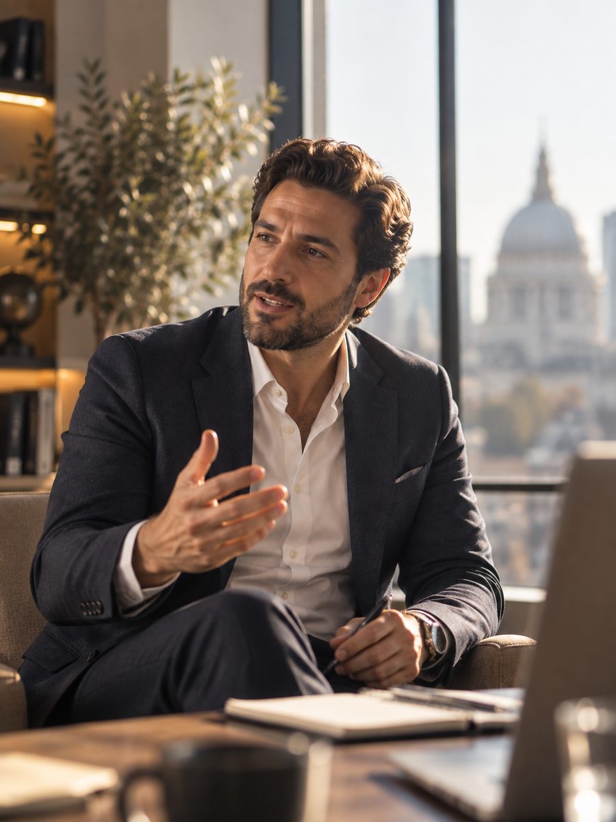 A consultant mid-conversation in a meeting room