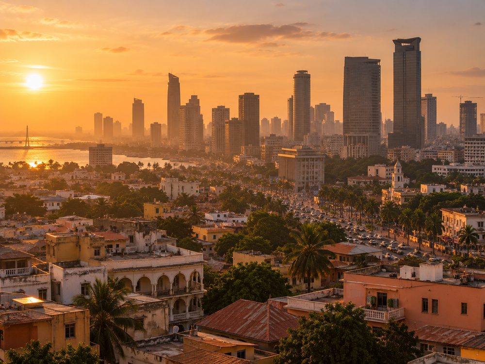 West African city skyline at golden hour