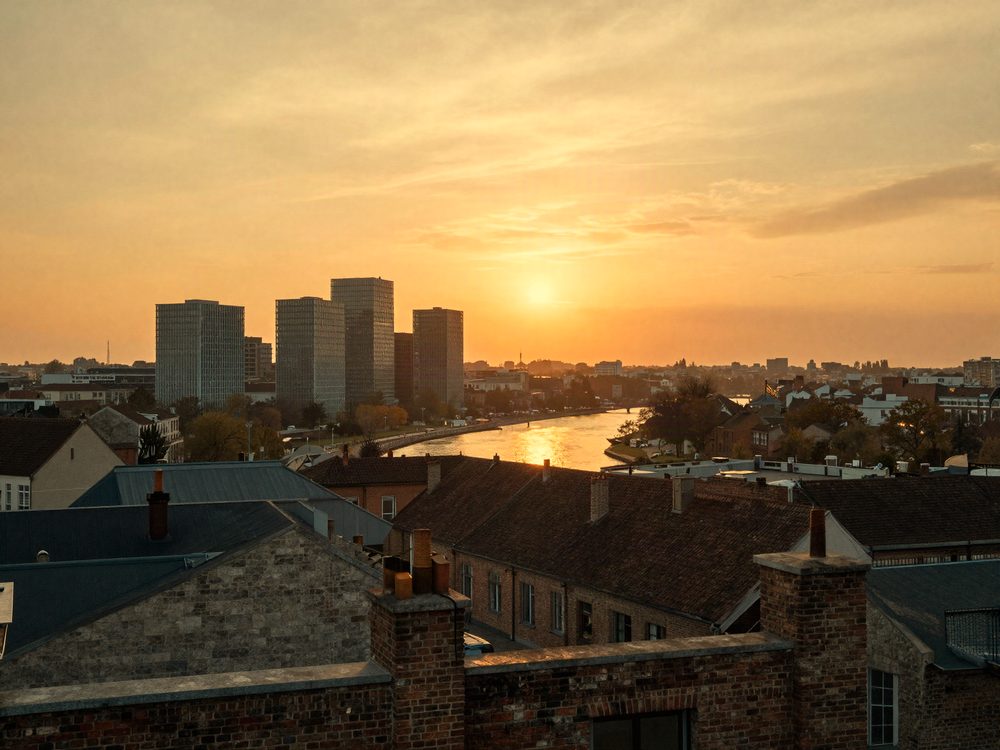European rooftop skyline at golden hour