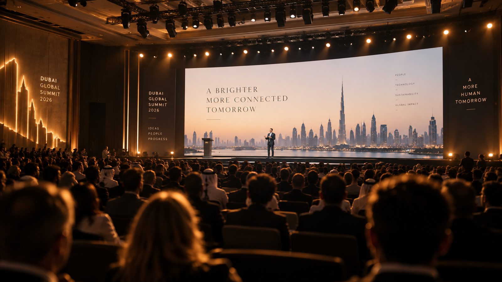 A conference stage viewed from the back of the auditorium