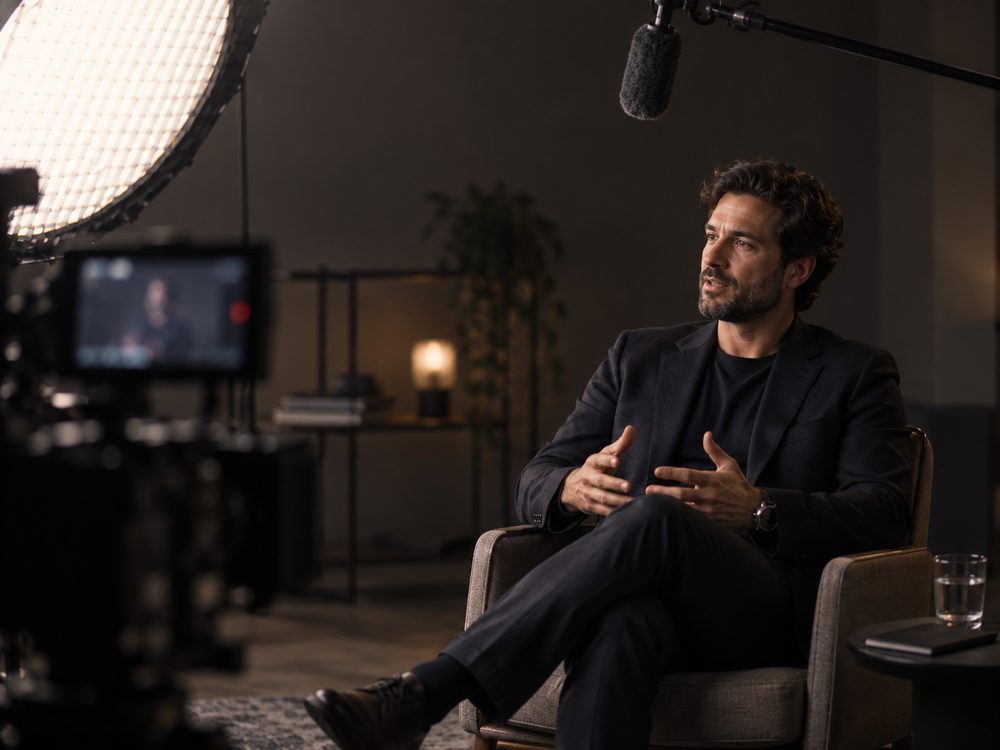 A founder being interviewed under soft studio lighting